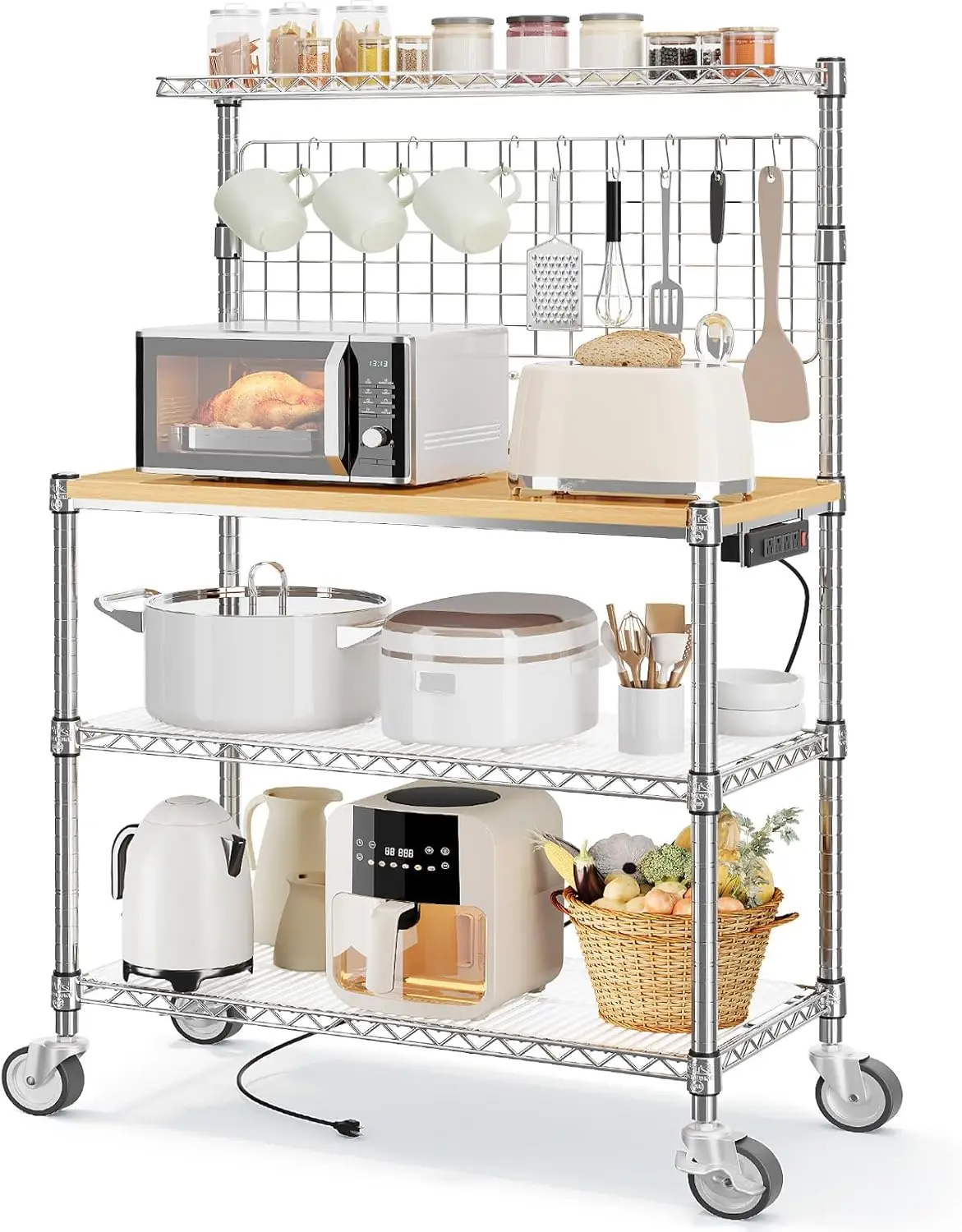 

Bakers Rack with Power Outlet & Storage, 36 Inch Microwave Stand Kitchen Cart, 4-Tier Metal Kitchen Shelves Cart with W