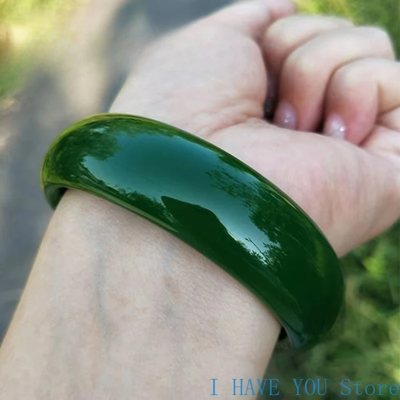 

Natural Goods Lady Bracelet Genuine Hetian Jade Jade Bracelet Women's Spinach Green Widened Thick Jade Bracelet Jewelry