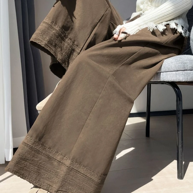 

Коричневые кружевные широкие брюки для женщин, новый осенний стиль, свободные и утягивающие прямые повседневные укороченные брюки