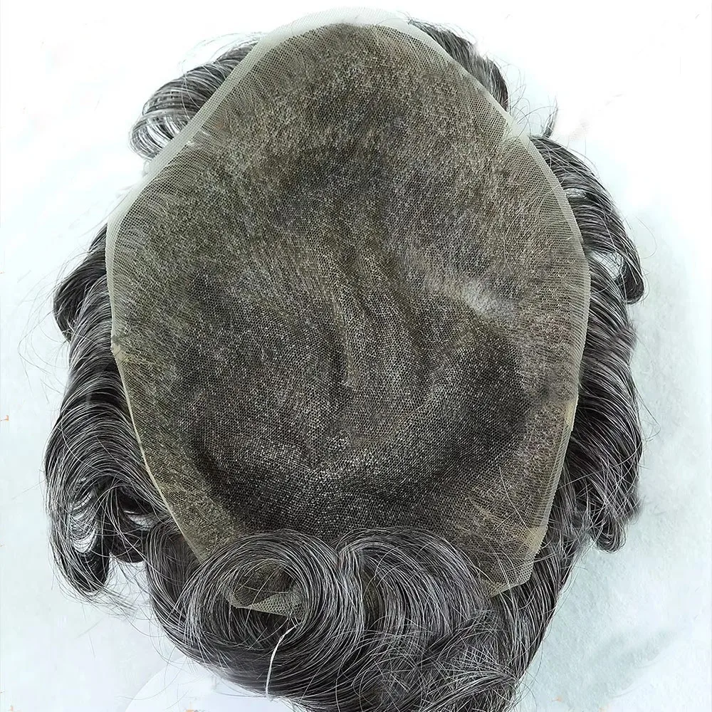 1BT60R Toupet für Männer, Vollständige Schweizer Spitzenbasis, Männliches Haarprothesesystem, Grau-Schwarz, Natürliches Echthaar, Herrenperücke, Haarprothese für Männer – Detail 5