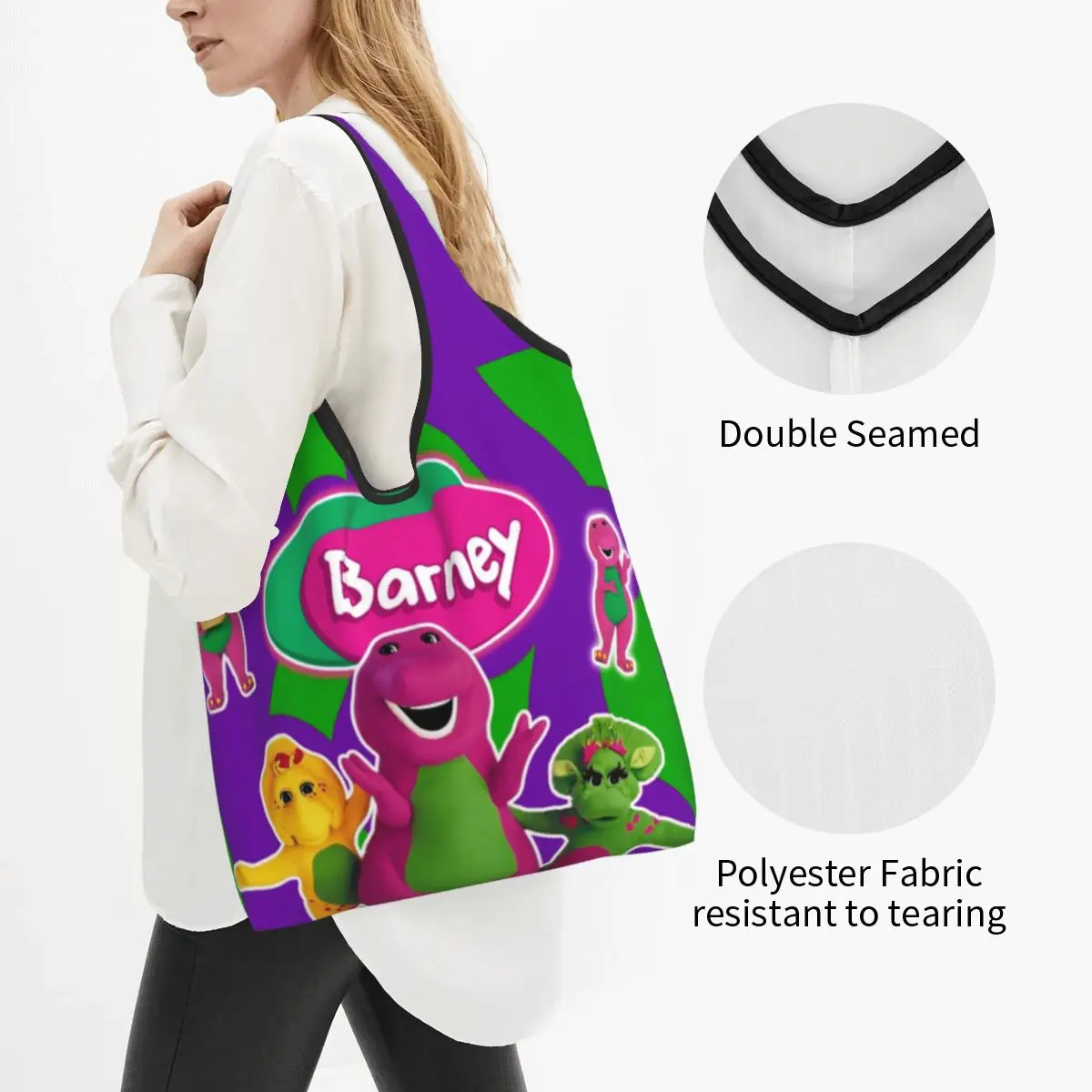 Large Reusable Barney Friends Dinosaur Grocery Bags Recycle Foldable Dinosaurs Cartoon Shopping Tote Bag Washable Lightweight