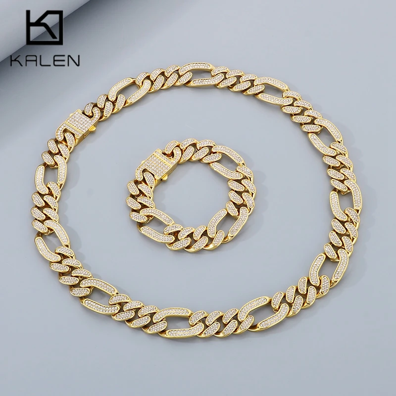 HipHop 20MM Full Rhinestone Large Necklace For Men 18K Gold Color Stainless Steel Jewelry Set Personalized Figaro Cahrm Bracelet