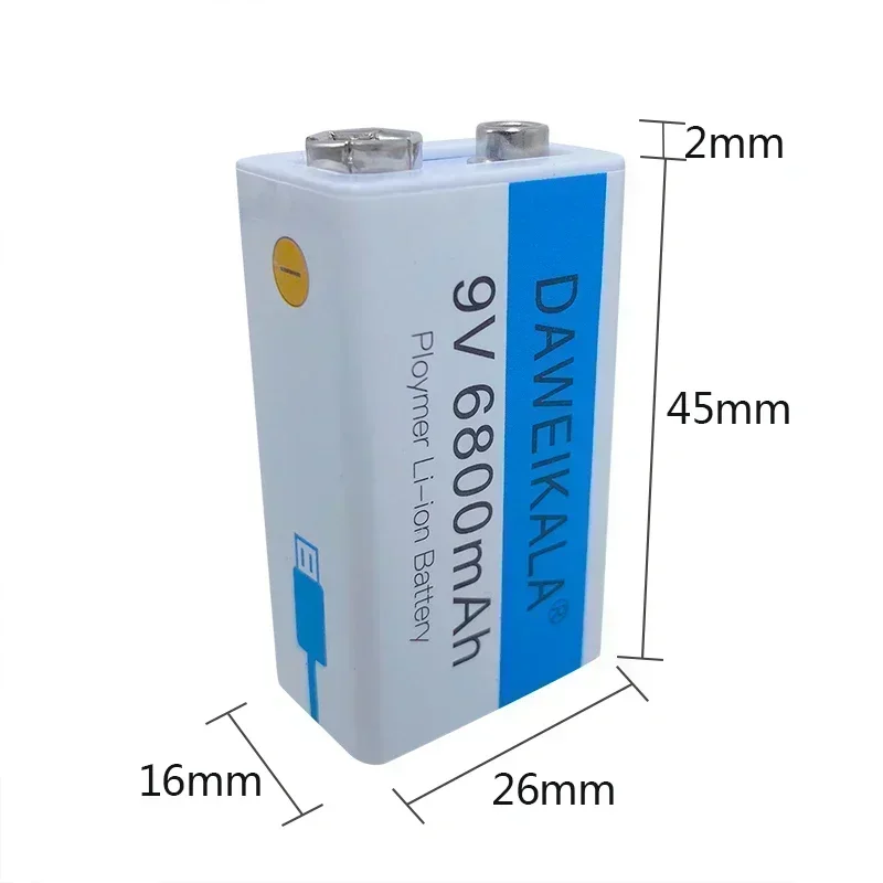  9V 6800mAh Rechargeable lithium battery Type-C Battery for Multimeter Microphone Toy USB charging cable fast charging