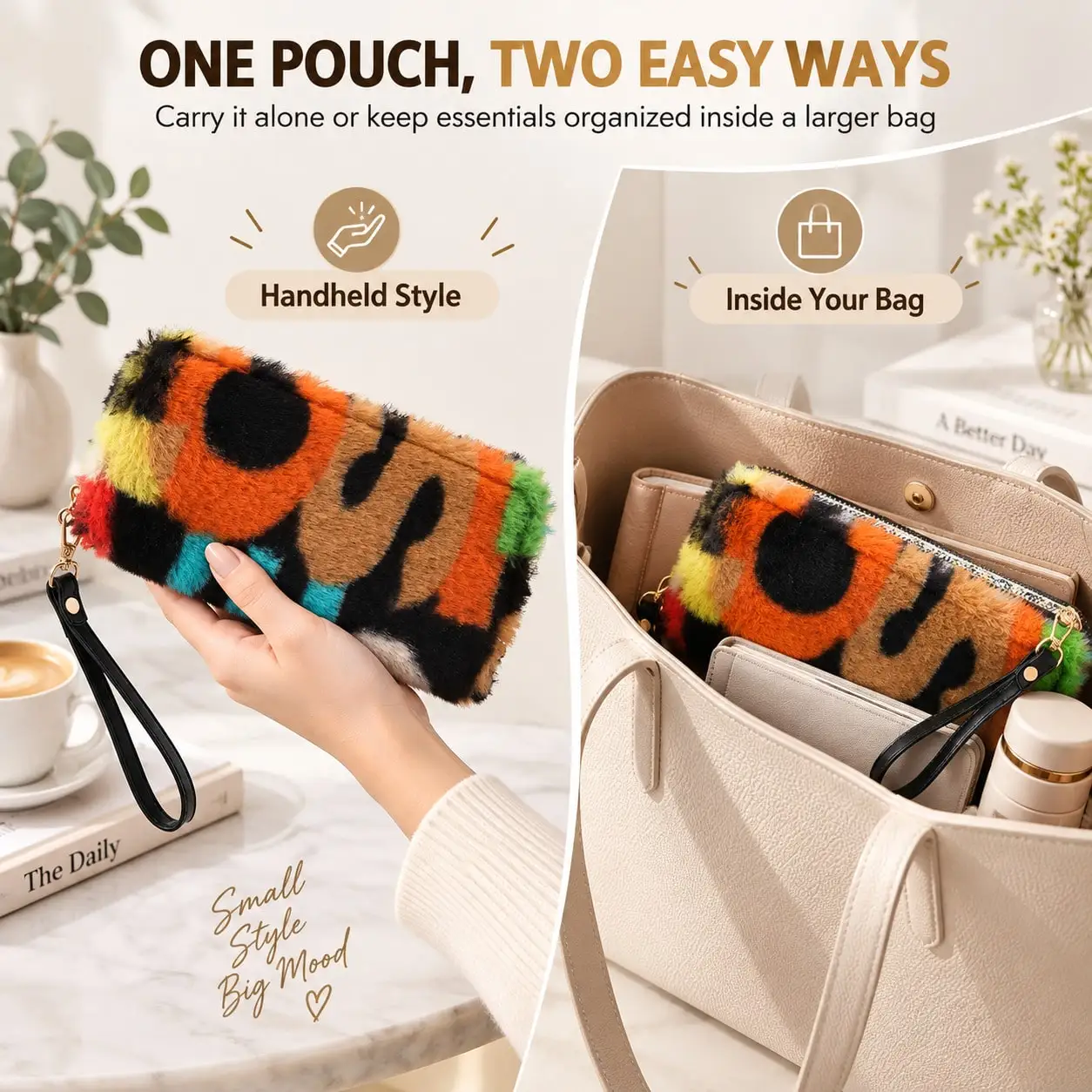 Leopard Pattern Plush Underarm Bag, Wool Like Furry Textured Bag Purse, Fashion Versatile Baguette Bag,Slim Wallet Retro Card Holder For Women sg25092612693227249