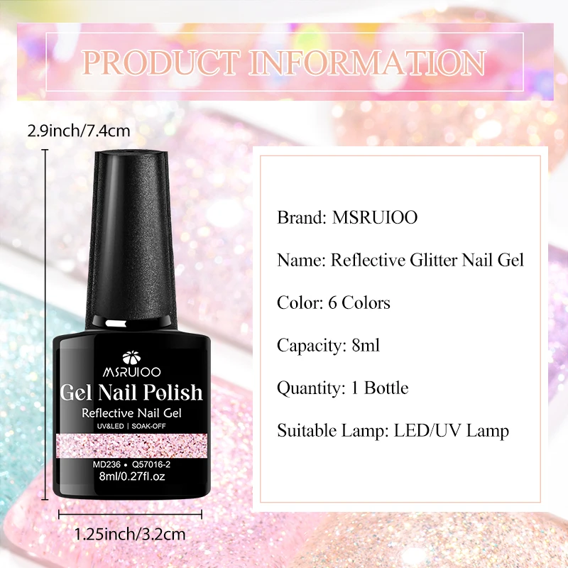 MSRUIOO 8ml Reflective Glitter Nail Gel Polish Sparkling Nail Supplies Long Lasting UV/LED Venris Gel for Spring Summer Nails