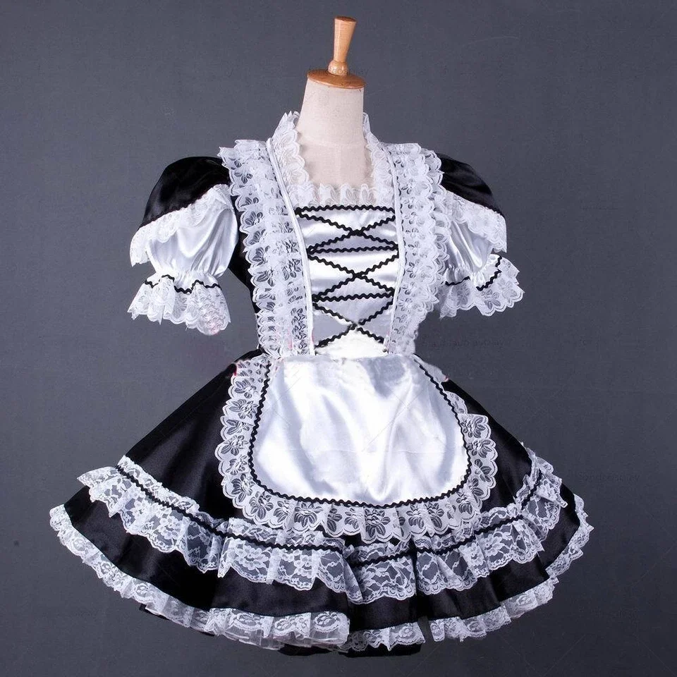 

Sexy Sissy French classic black and white satin maid lockable multi-layer lace ruffle cosplay costume customizable
