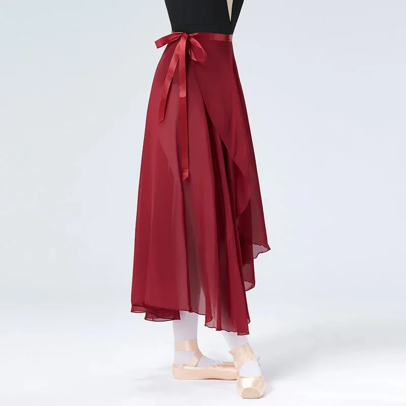 CyWomen Langer Chiffon-Ballettrock, schwarze Tanz-Wickelröcke mit verstellbarer Krawatte, halbtransparent