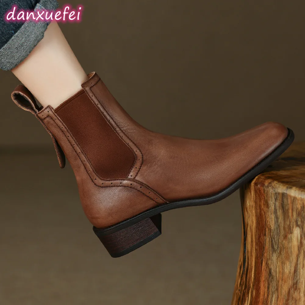 

danxuefei plus size 34-42 women's genuine leather elastic fabric patchwork slip-on flats autumn ankle boots short chelsea boots
