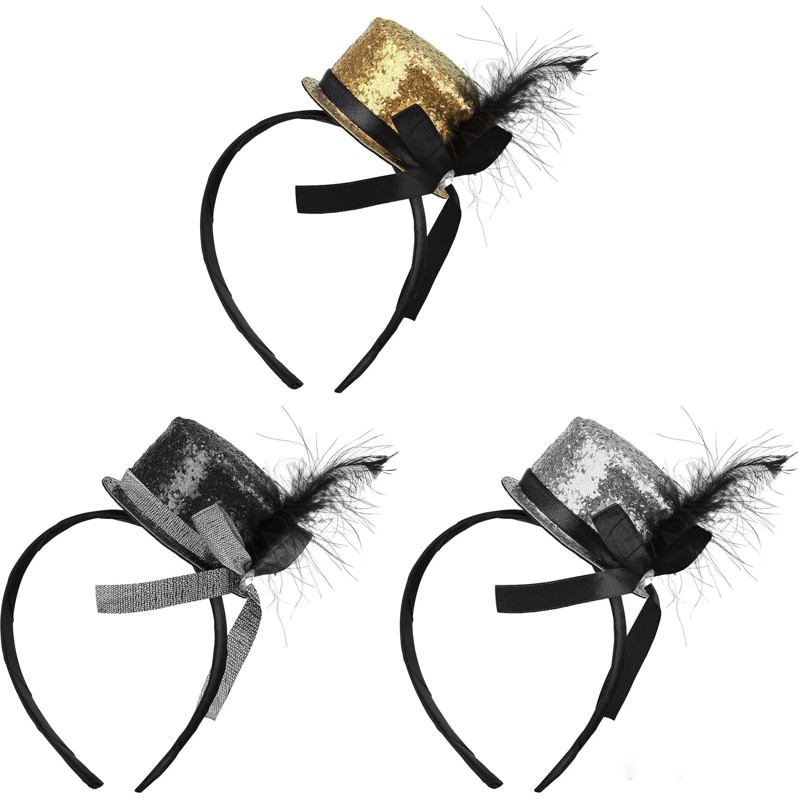 Image 6: Mini bandeau fascinateur avec nœud en plumes scintillantes, chapeau de cirque Ringmaster, petit cerceau pour cheveux, accessoire de Costume de carnaval d'halloween