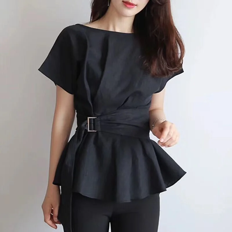 T Shirt Women Ruffle with Belt Elegant Solid T-Shirts Lace-Up Tee Women Short Sleeve Streetwear Korean Fashion Office Lady Tops