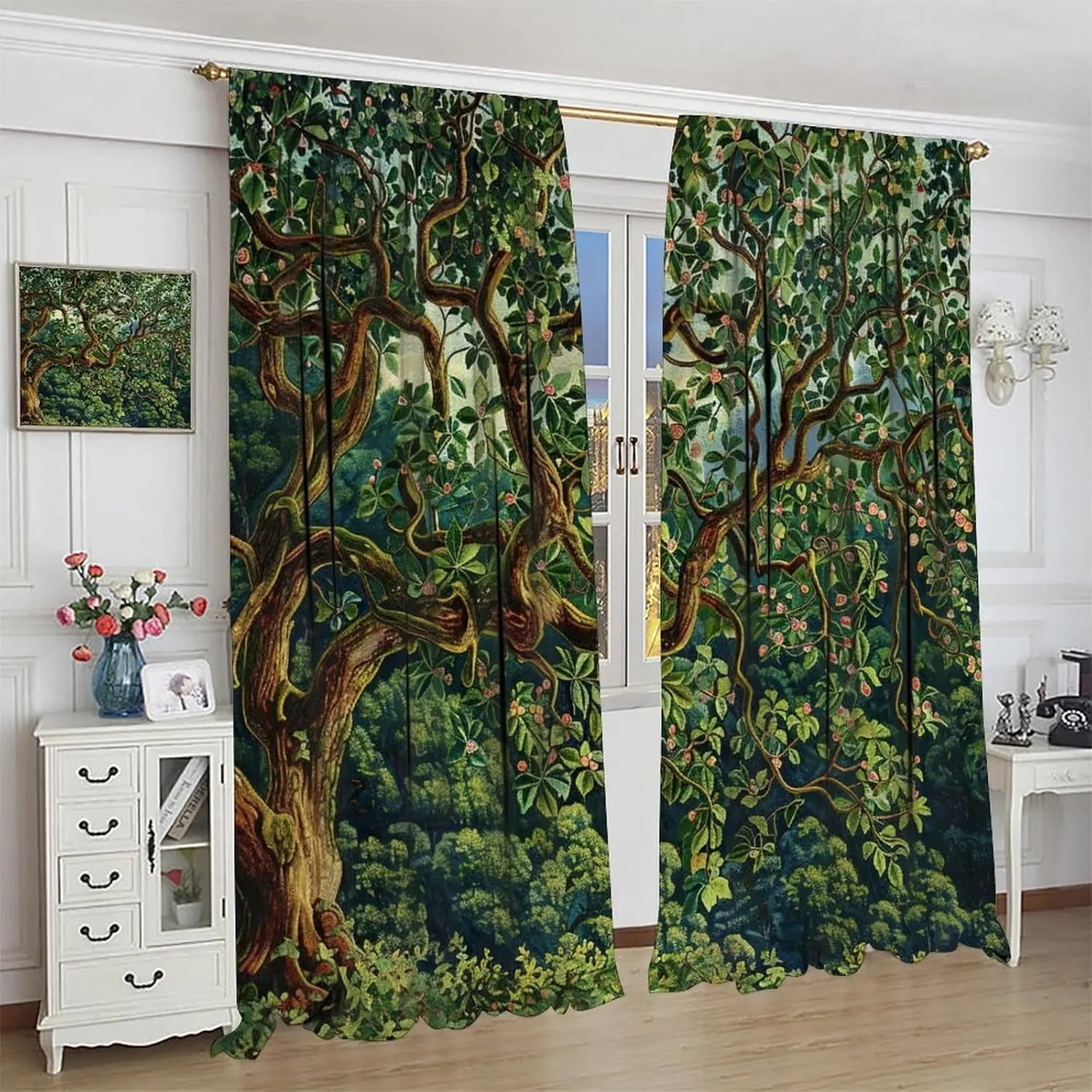 Green Forest Blackout Curtains, Vintage Rustic Farmhouse Watercolor Forest Tree Nature Landscape Window Treatments, for Living