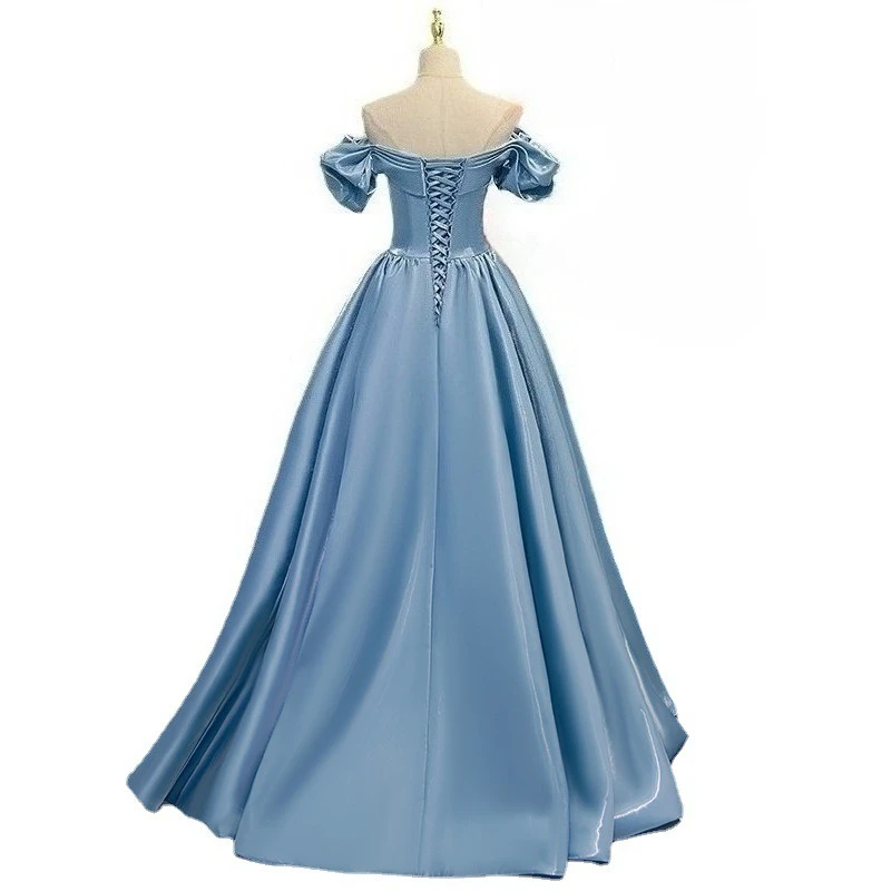 Theme Strap Evening Dress Long Dress for Women 2025 New Blue Satin Long Style French One Shoulder Host Style Performance Dress