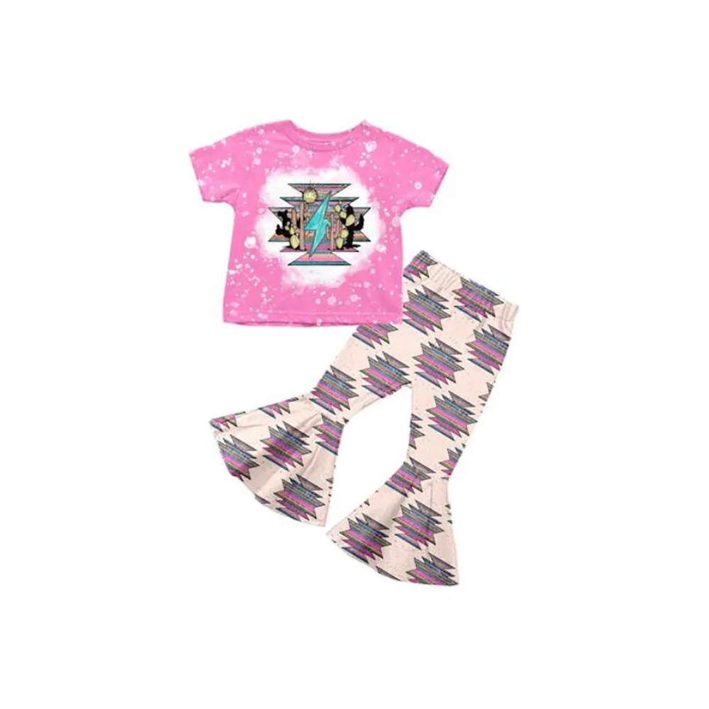 Wholesale Toddler Girls Western Clothing Pink Aztec Bell Bottom Pants Girls Sets