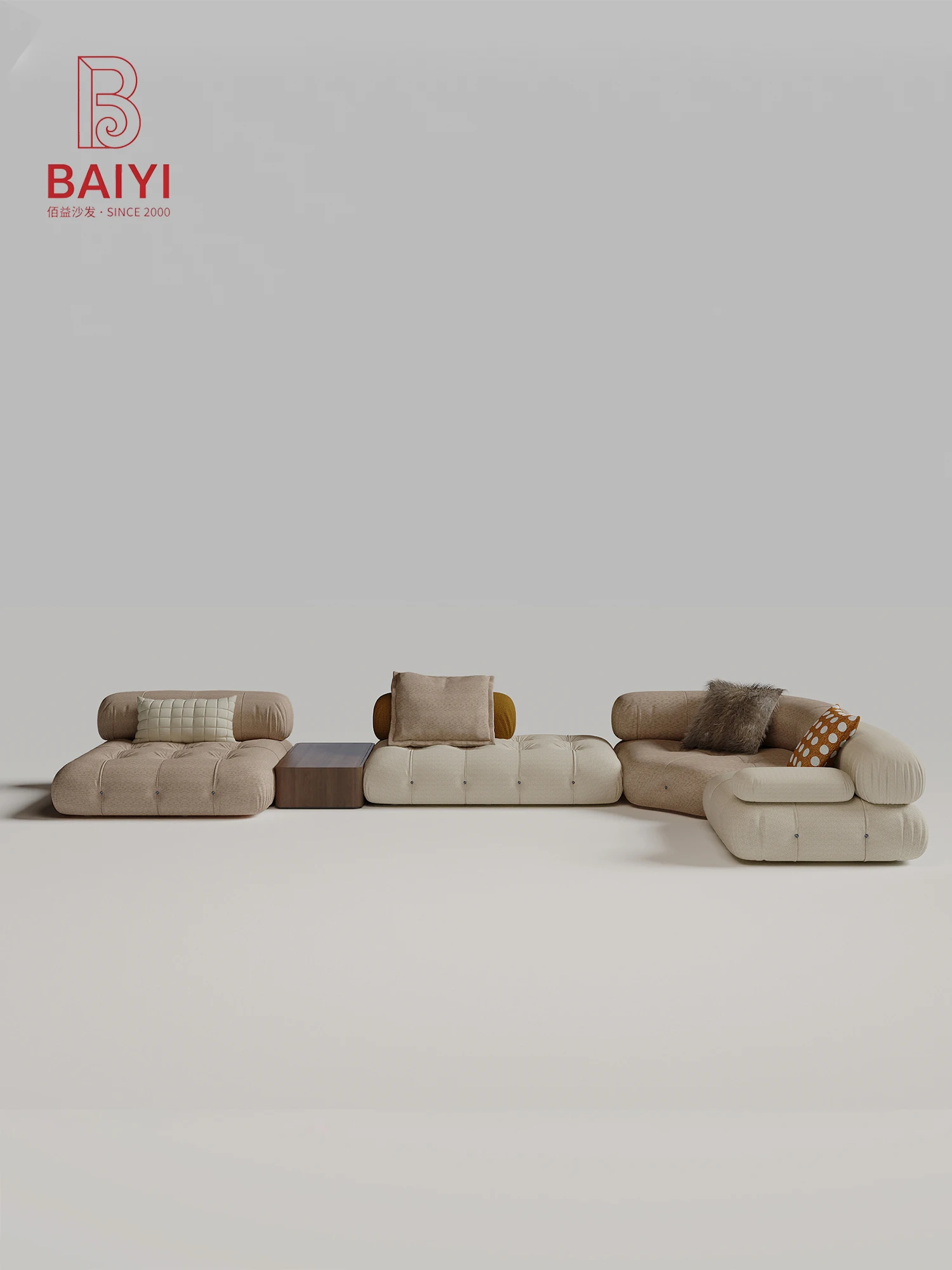Olive Green And Cream Modular Floor Sofa Tufted Boucle Upholstery L Shaped Chaise With Ottoman Cylinder Armrest For Living Room