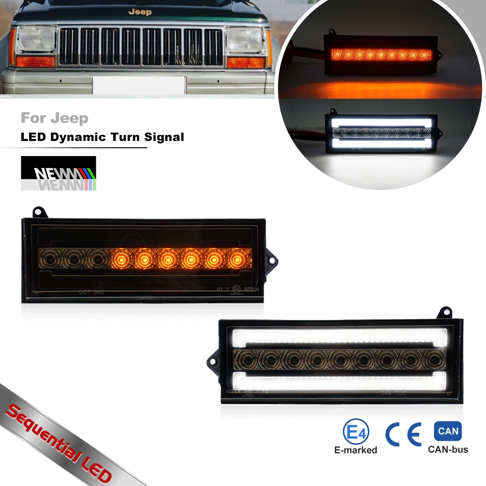 Smoked White LED Driving Light/Amber Sequential Blink LED Front Turn Signal Assy For Jeep 1984-1996 Cherokee XJ 86-92 Comanche