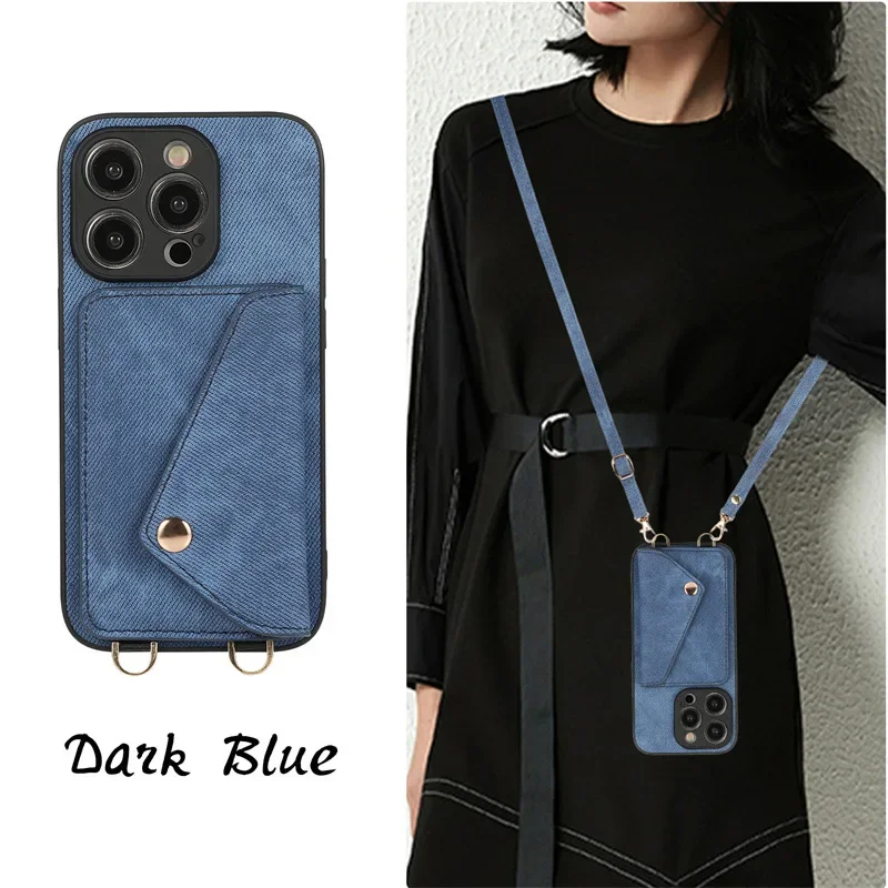 

New Denim Faux Leather Suitable for iPhone 15 Classic Card Bag 14 Promax Drawstring 12 13 Promax Anti Fall 11 Protection Cove