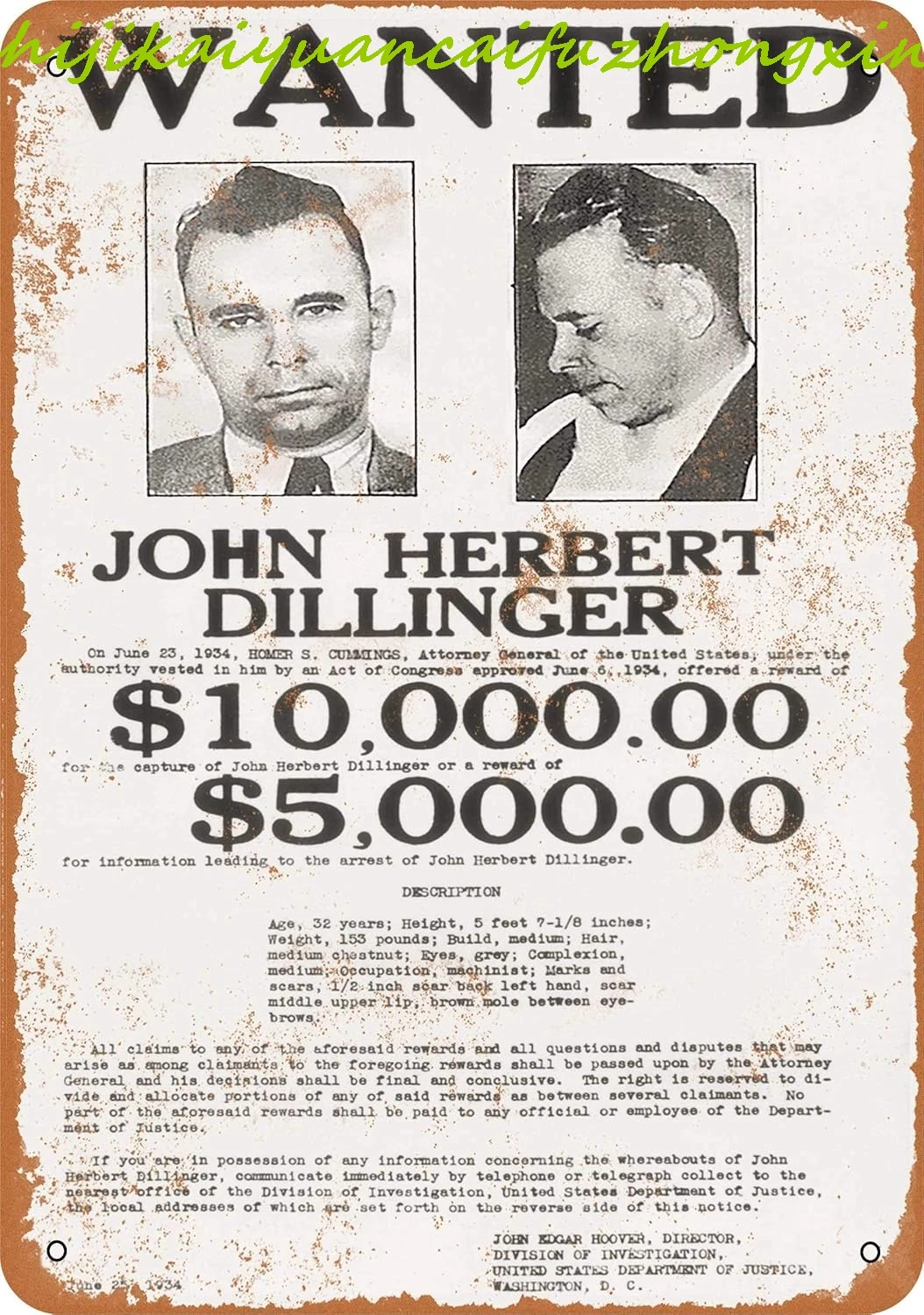 John Dillinger Wanted Poster Home Decoration Retro Metal Tin Sign 8x12 inches, TinSignEUa13083