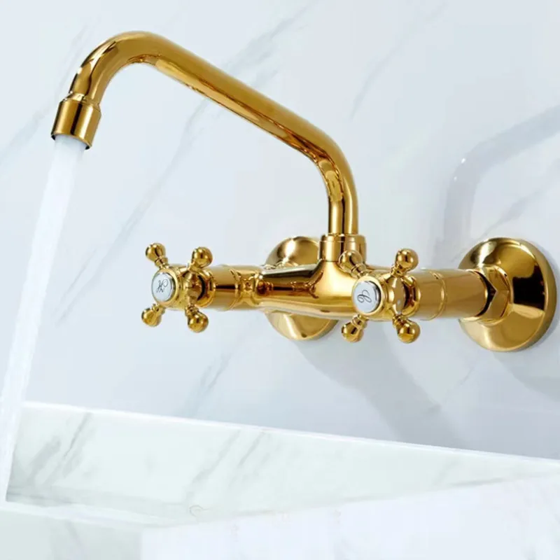 Wall Mounted Bathroom Basin Faucet Wall Mounted Double Handle Europe Style Sink Mixer Brass Gold Chrome