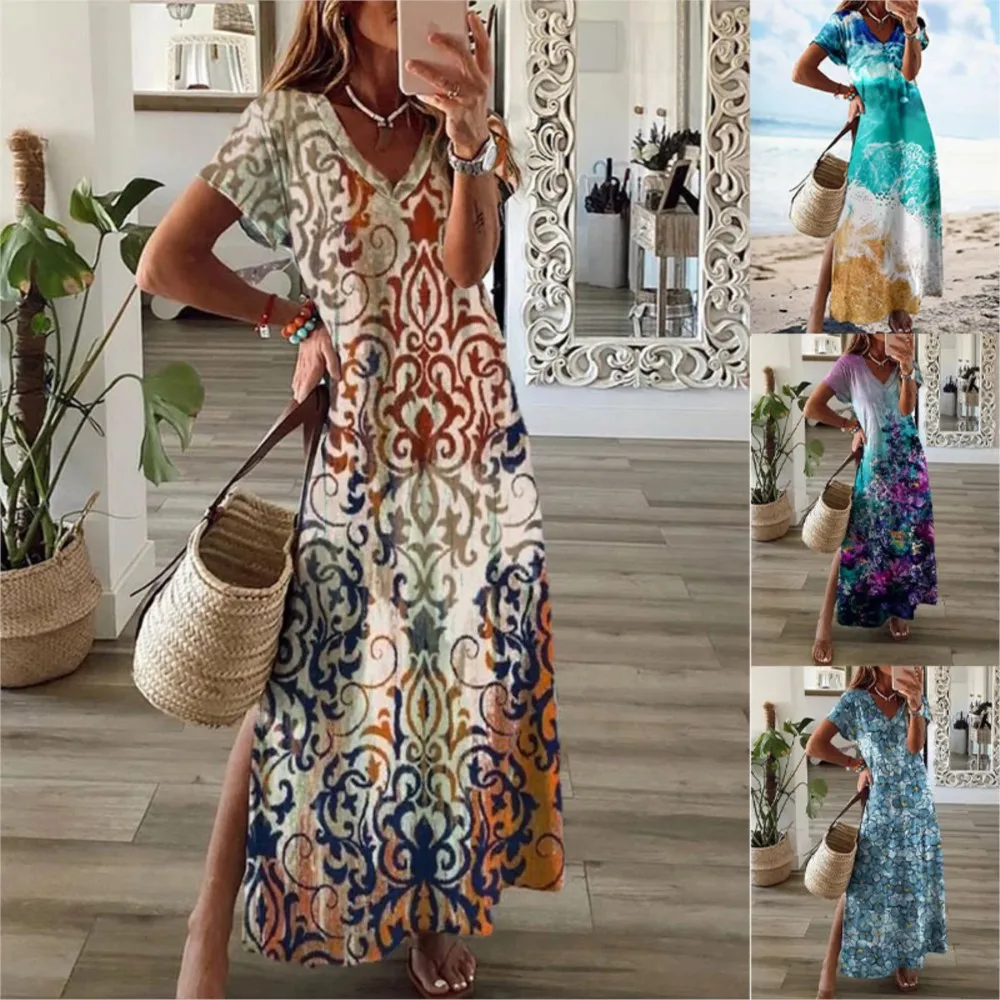 Vestido Maxi Vintage Floral Elegante Feminino, Decote V, Manga Curta, Dividido, Boho, Longo, Festa, Praia, Moda Verão