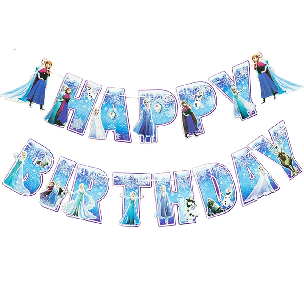 1Set/lot Frozen Princess Theme Bunting Happy Birthday Flags Decorations Hanging Banner Baby Shower Events Party Supplies