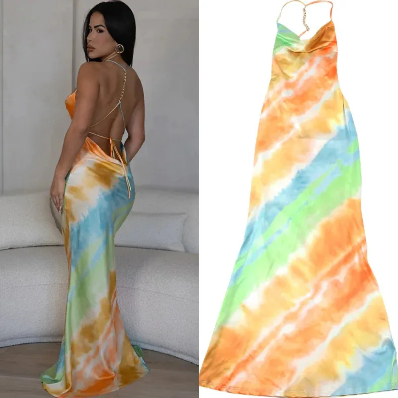 

Summer Gradient Tie Dye Maxi Dress Women Backless Chain Strap Swing Collar Holiday Beach Party Sexy Elegant Long Vestidos New