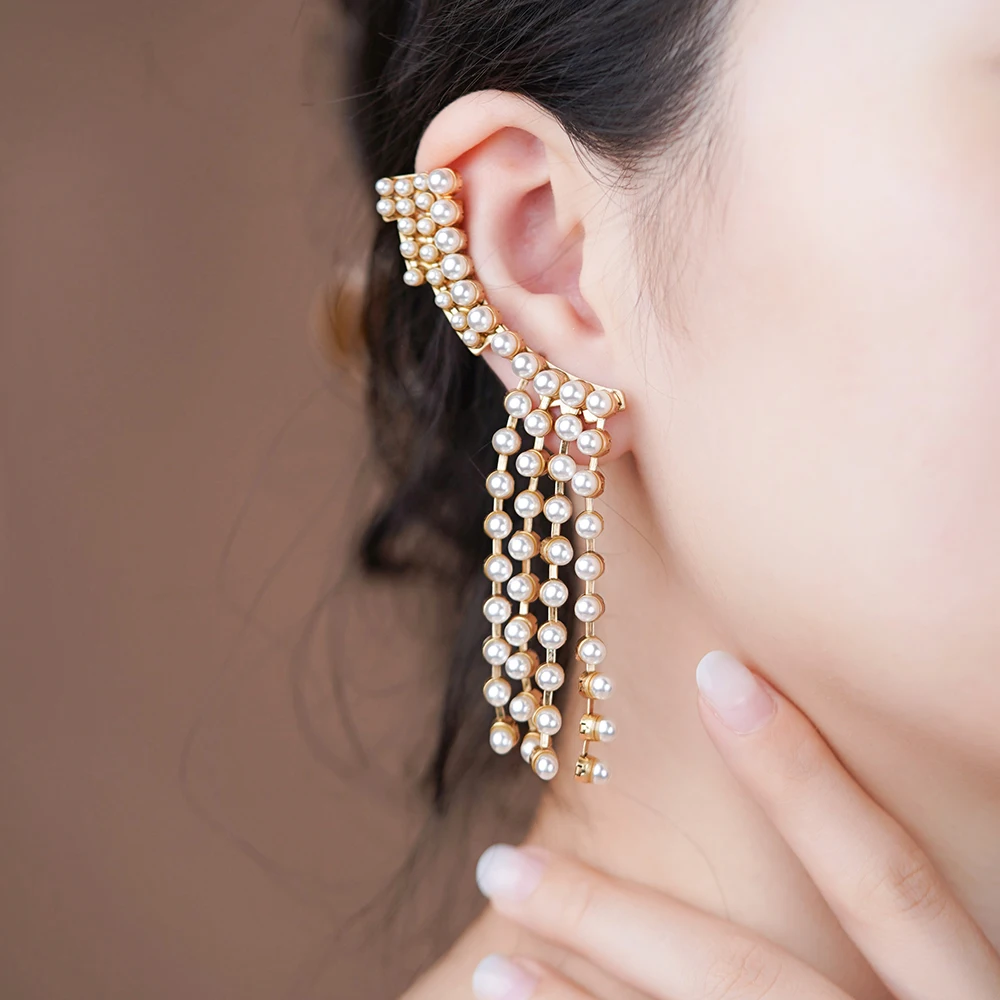 

Luxury Imitation Pearls Dangle Earrings For Women Elegant Copper Metal Statement Tassel Jewelry Korean Style Casual Party Wear