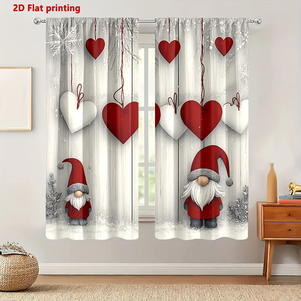 Red and White Heart Gnome Pattern Rod Pocket Window Curtains Festive Home Decor for Living Room and Bedroom