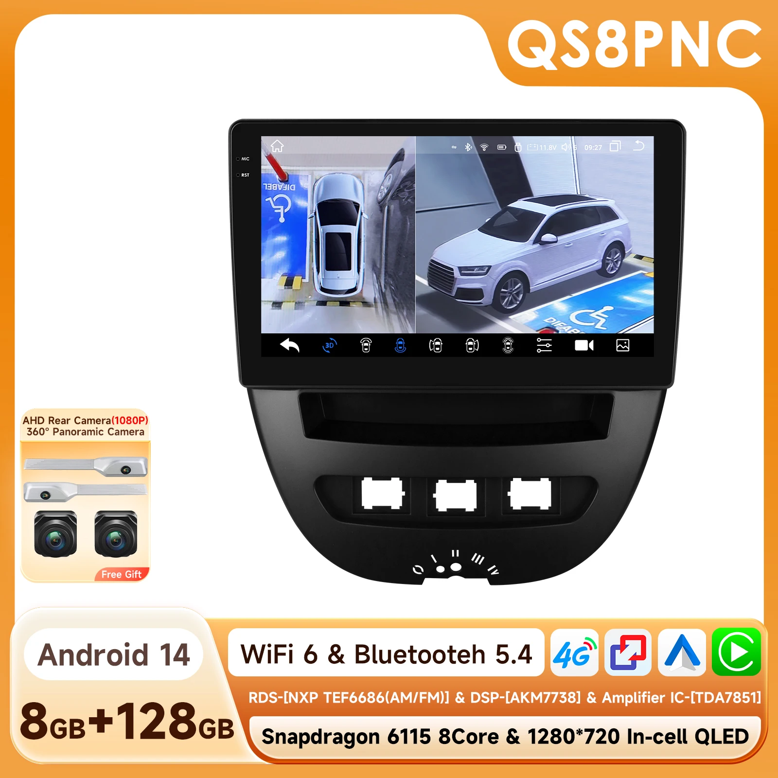 360Camera Carplay Android Auto Radio Voor Peugeot 107 Toyota Aygo Citroen C1 Auto Multimedia Speler Navi Gps 2din 4G Autoradio Rds