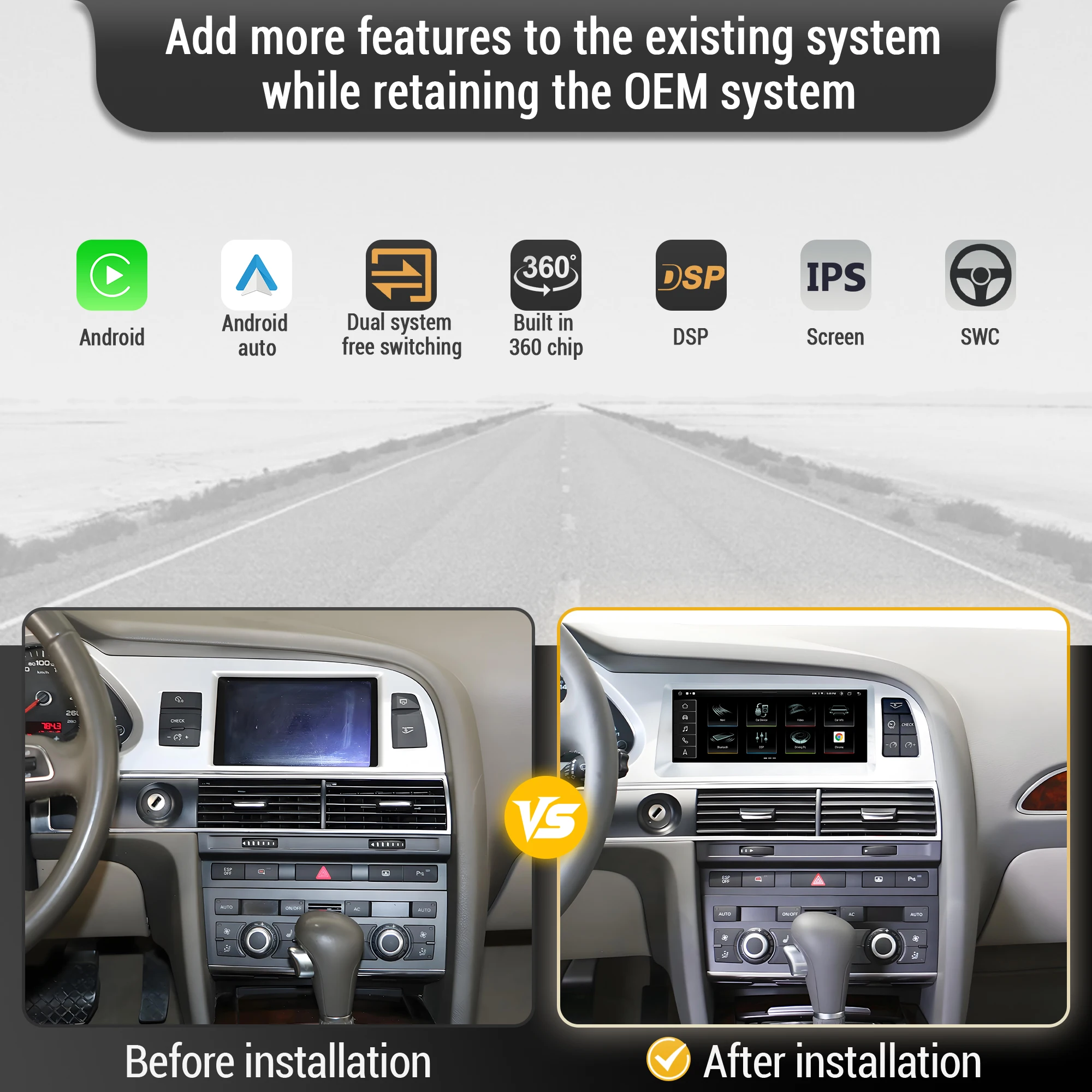 8.8 inch For Audi A6 C6 2005-2011 Left Hand Drive Android 14 Car Radio Wireless BT Carplay Qualcomm Snapdragon 680 Touch Screen