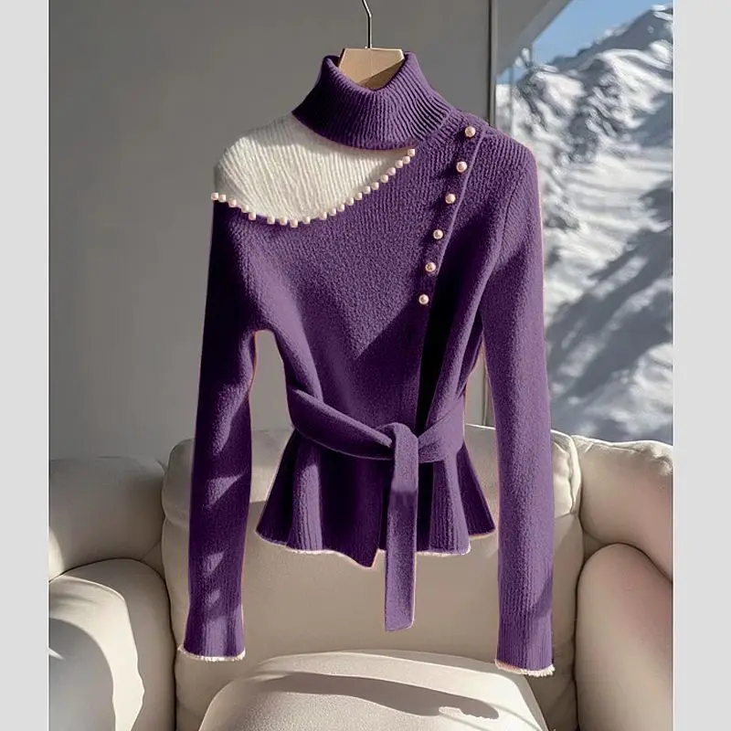 

Women's Elegant High Neck Fake Two Piece Beaded Knit Sweater Slim Fit Sweet Autumn Winter Tops