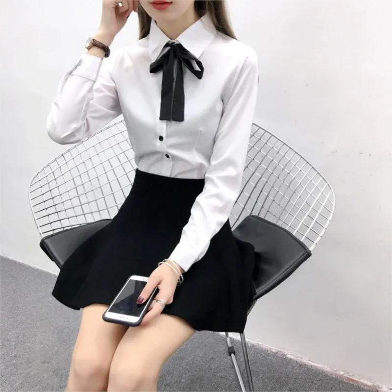 White Shirt Women Blouse Long Sleeve Slim Work Blouse Shirts Women\'s Office Casual Blouses Fashion Bow Tops 5572