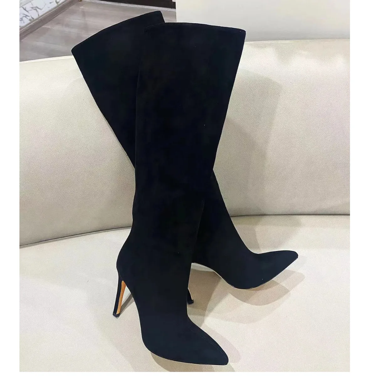 

Hemegot Black Green Blue Solid Color Flannel Long Boots For Women Knee-High Pointed Toe Slip On Botas Largas De Mujer High Heels