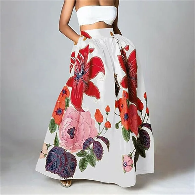 Women's Fashionable Bohemian Floral Loose High Waisted Holiday Pocket Skirt Women's Retro Printed Skirt Длинные Юбки Falda Larga