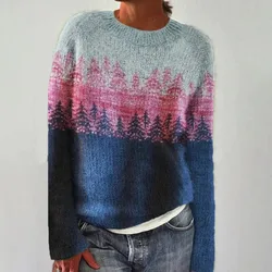 New autumn and winter women's temperament sweater, women's round neck color blocked loose fashion pullover knitted sweater