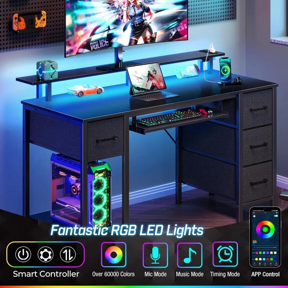 

Computer Desk 47.2" with LED Lights & Power Outlets, Home Office Desk with 4 Drawers,Writing Desk with Keyboard Tray,Study Table