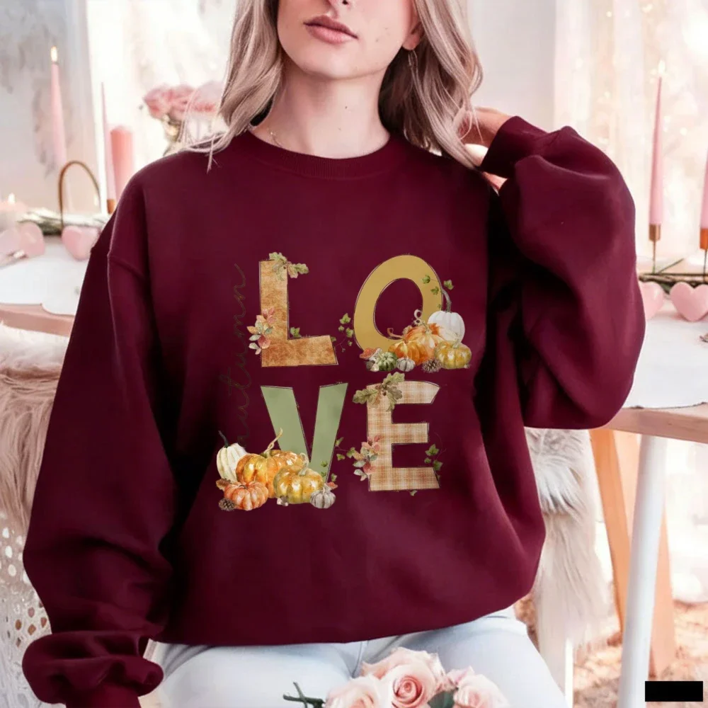 Women Cute Pink Love Autumn Sweatshirt Floral Pumpkin Plaid Graphic Pullover Cozy Women Winter Thanksgiving Top Retro Aesthetic