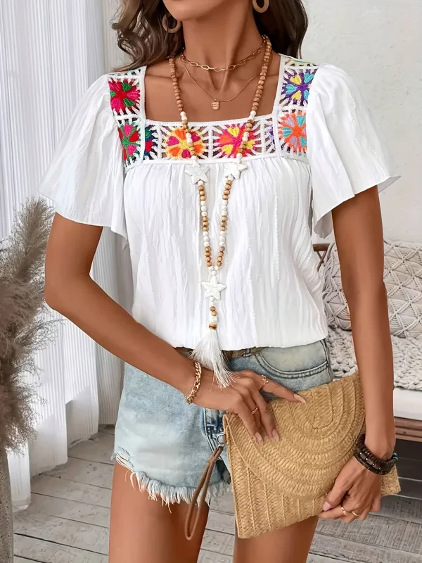 

Plus Size 1XL-5XL Women Elegant Square Neck Slight Stretch Blouse Women Embroidered Crochet Summer Shirting