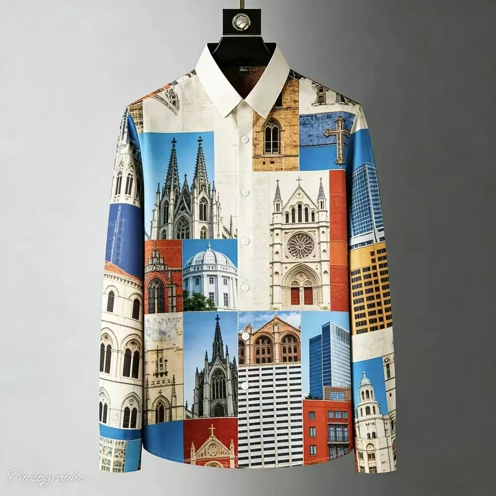 Men's Gothic Baroque Religious 3D Printed Shirt Jesus Cross Long Sleeve Casual Party Dress Shirt