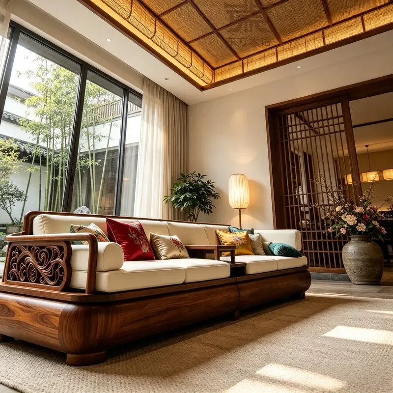 New Chinese Style Solid Wood Straight Row Sofa 2026 Engraved Large Apartment Four Seater Black Walnut High End Furniture