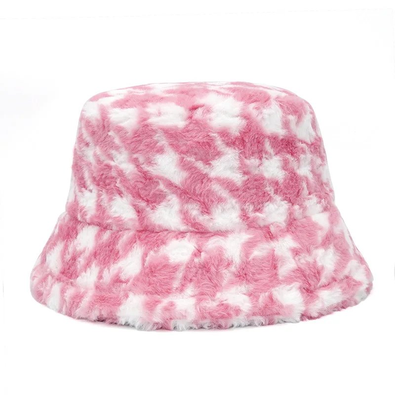 Luxury Winter Outdoor Vacation Fisherman Hat Women Houndstooth PanamaThickened Soft Warm Fishing Cap Faux Fur Rabbit Bucket Hat