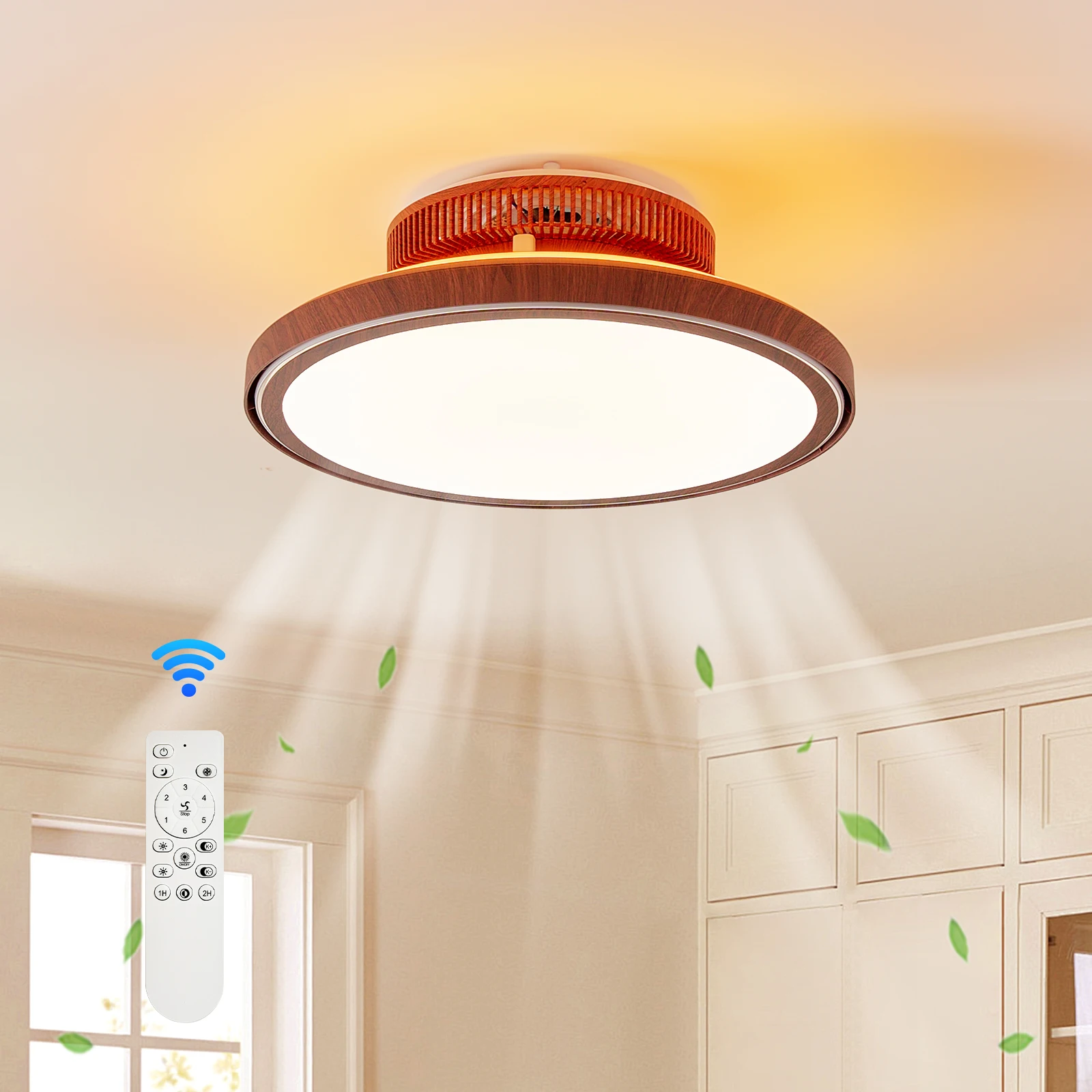 Farmhouse 18" Embedded Ceiling Fan with Light and Remote Control Wood Grain Enclosed Dimmable LED Chanelier Fan for Bedroom