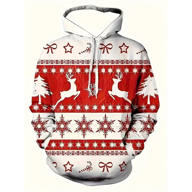 Men's Christmas Reindeer Snowflake Print Sweater Jacket Red White Hooded Long Sleeve Machine Washable Holiday Party Top