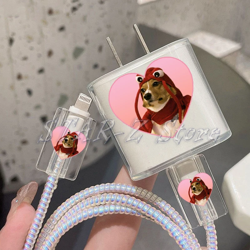 Fun Cute Pet Dog Meme Heart Protection Case for IPhone 15 14 13 Pro Max 18/20W Charger&Charging Protector Data Wire Winder