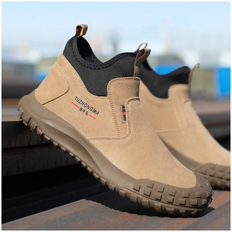 

men casual steel toe caps work shoes slip-on worker safety boots cow suede leather welding sneakers security ankle botas protect