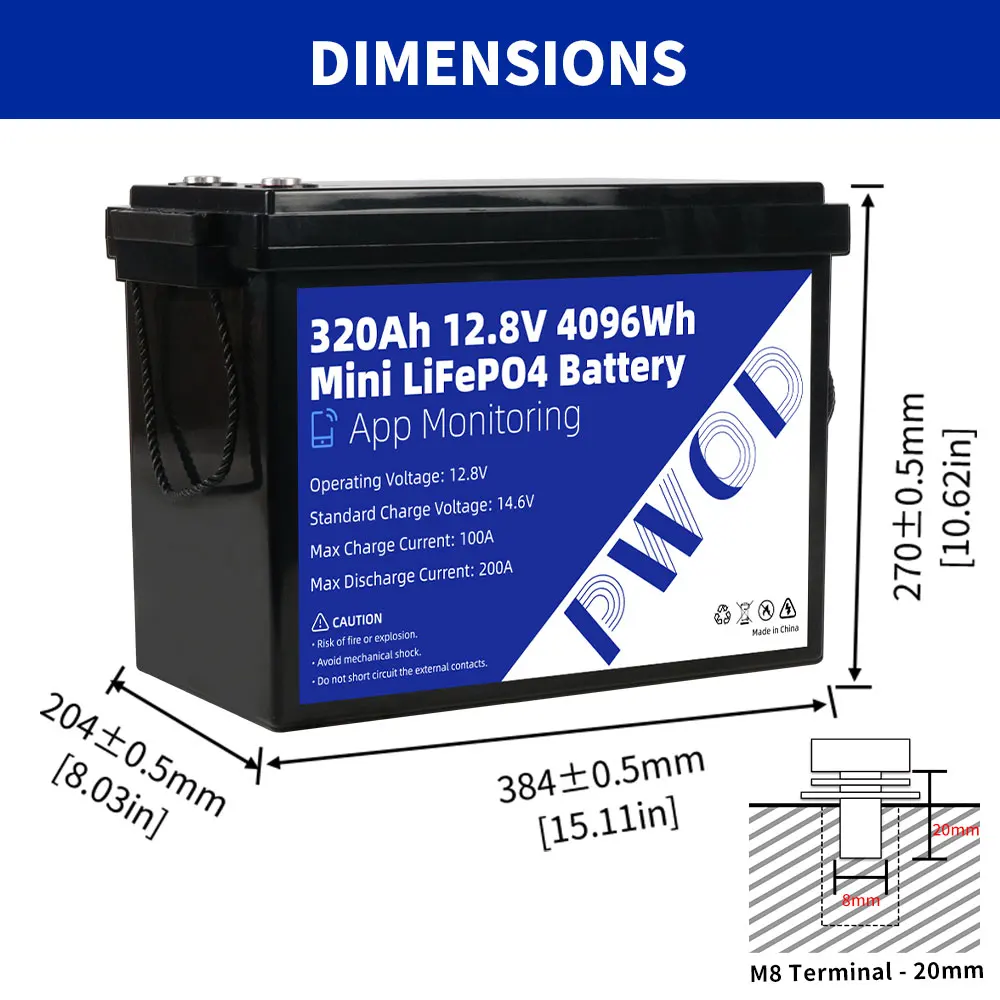 US Stock 12V 320Ah LiFePo4 Battery with BT 4S 200A BMS 8000 Cycles Grade A Lithium Iron Phosphate Battery For Camping EV RV BOAT