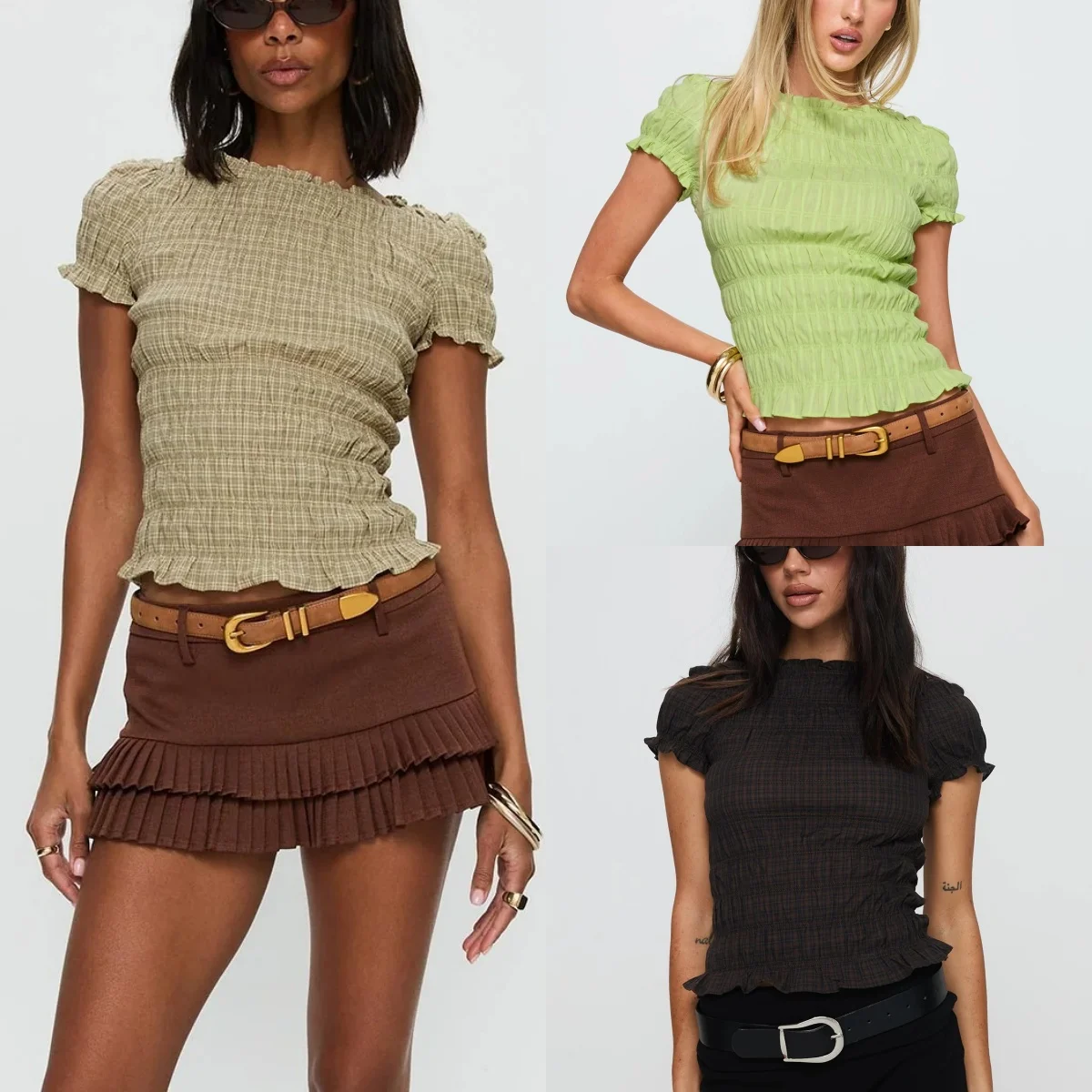 

Women Casual Summer Streetwear Shirred Smocked Tops Slim Solid/Plaid Ruffle Frill Trim Short Sleeve Round Neck Shirts