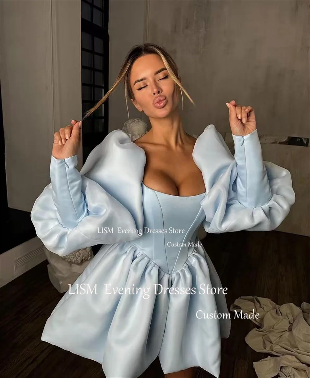 LISM Sexy Square Neck Short MIni Wedding Dress Customised Long Sleeve Puffy Vestidos De Novia Beach Boho Bridal Party Gown