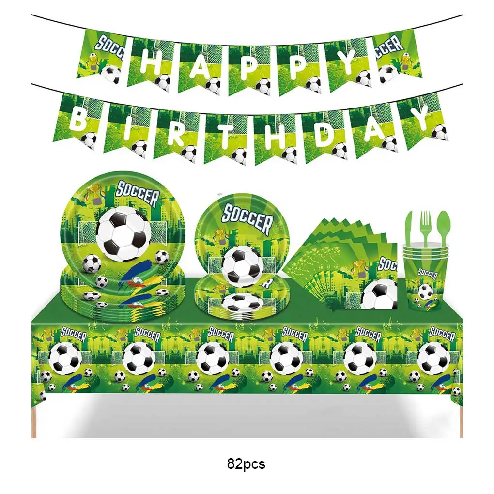 82 Pieces Soccer Party Tableware Single-use Football Cups Table Cloth Banners Spoons Forks Kitchen Serveware Dinnerware