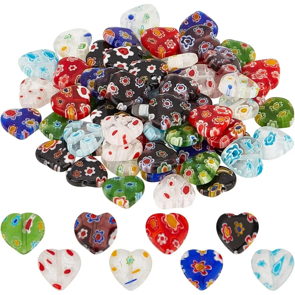 

1 Box 80Pcs Glass Heart Beads Handmade Millefiori Glass Flower Bead Lampwork Beads Valentine's Day Red Heart Beads for Jewelry