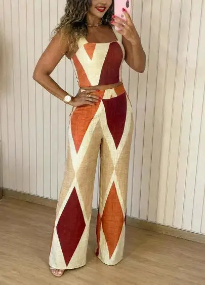

Two Piece Set Women Outfit 2026 Spring New Square Neck Thick Strap Shirred Back Crop Tank Top & High Waist Wide Leg Pants Set